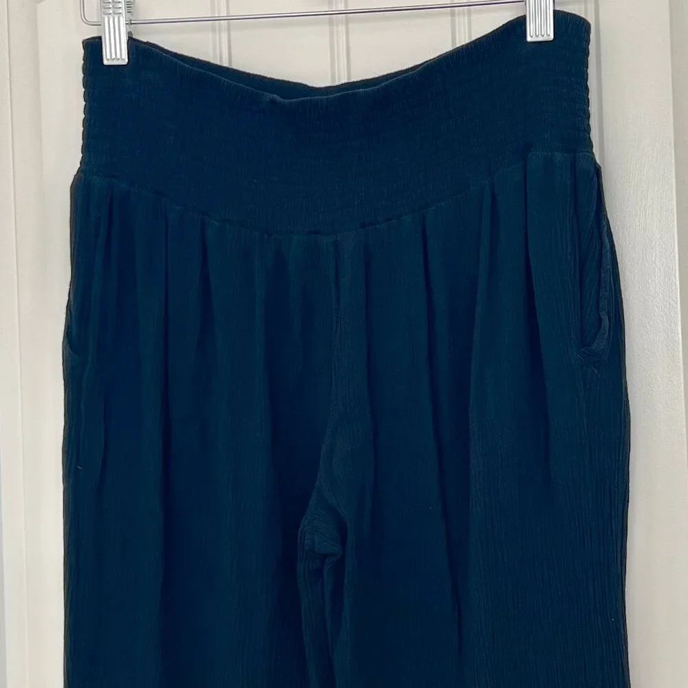 Three Dots Black Smocked Waist Wide Leg Gauze Beach Pant with Pockets Sz Medium - Picture 7 of 9